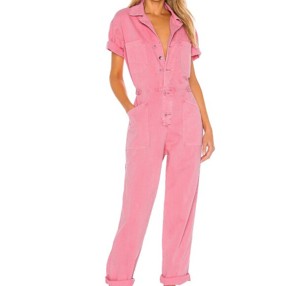 pistola Pants - PISTOLA Grover Jumpsuit pink short sleeve straight leg medium M
